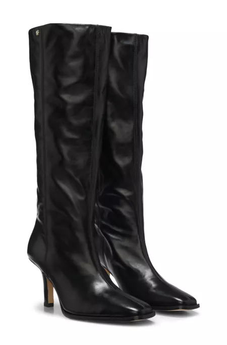 Knee-high leather boots with square toe