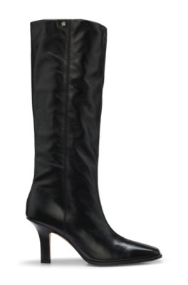 Knee-high leather boots with square toe, Black