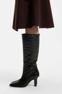 Knee-high leather boots with square toe, Black