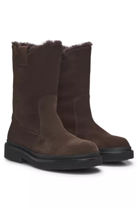 Suede slip-on boots with shearling collar