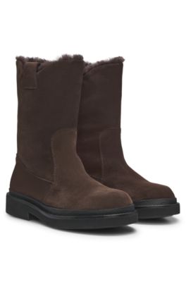 Bottines &agrave; enfiler en cuir su&eacute;d&eacute; avec col en peau retourn&eacute;e, Marron fonc&eacute;
