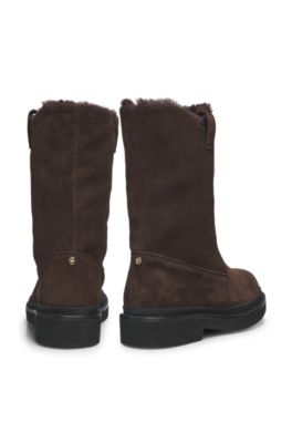 Botas de ante sin cordones con cuello de piel de borrego, Marr&oacute;n oscuro