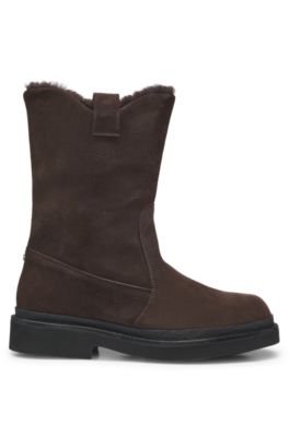 Botas de ante sin cordones con cuello de piel de borrego, Marr&oacute;n oscuro