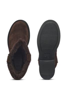 Botas de ante sin cordones con cuello de piel de borrego, Marr&oacute;n oscuro