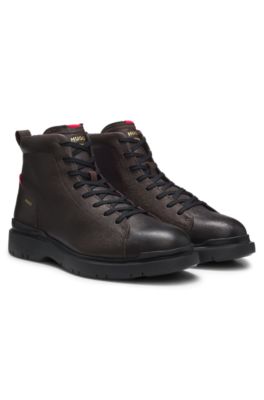 Grained leather boots with embossed logo, Dark Brown