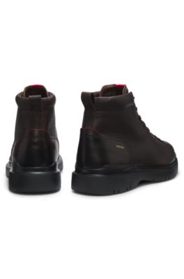 Grained leather boots with embossed logo, Dark Brown
