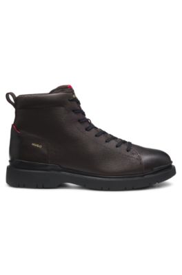 Grained leather boots with embossed logo, Dark Brown