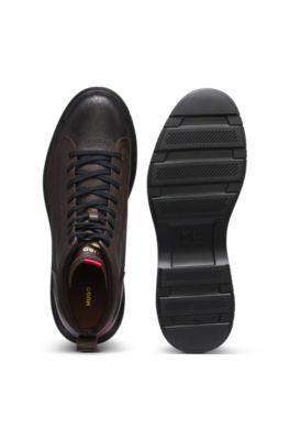 Grained leather boots with embossed logo, Dark Brown