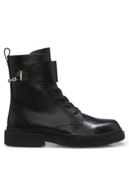 Lace-up leather boots with gold-tone hardware, Black