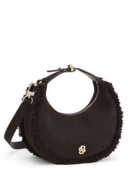 Crescent-shaped shoulder bag with faux-fur trim, Dark Brown