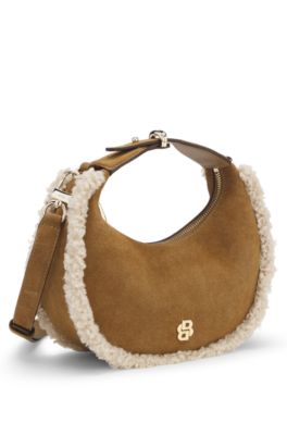Crescent-shaped shoulder bag with faux-fur trim, Beige