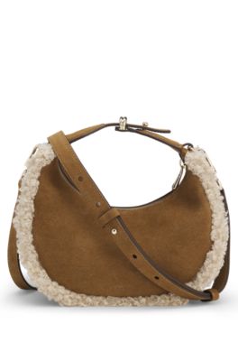 Crescent-shaped shoulder bag with faux-fur trim, Beige