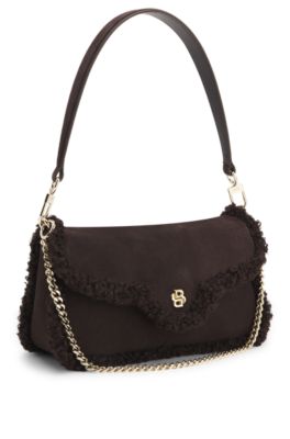 Shoulder bag with faux fur trim, Dark Brown