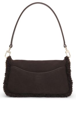 Shoulder bag with faux fur trim, Dark Brown