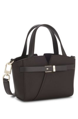 BOSS Revers mini tote bag in grained leather, Dark Brown