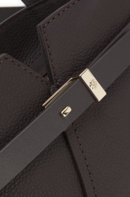 BOSS Revers mini tote bag in grained leather, Dark Brown
