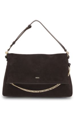 Faux-suede shoulder bag with fold-over design, Dark Brown