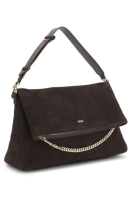 Faux-suede shoulder bag with fold-over design, Dark Brown