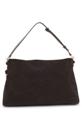 Faux-suede shoulder bag with fold-over design, Dark Brown