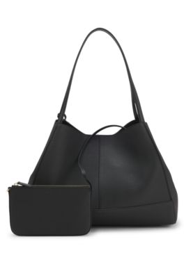 Bolso tote de piel granulada con bolsito desmontable, Negro