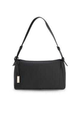 Shoulder bag in grained leather with logo plaque, Black