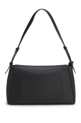Bolso bandolera en piel granulada con placa con logo, Negro