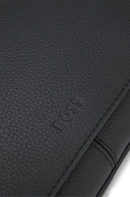 Shoulder bag in grained leather with logo plaque, Black
