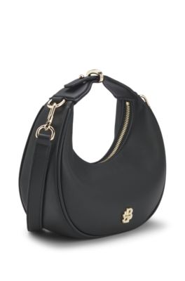 Bolso bandolera de piel sint&eacute;tica con placa de logo, Negro