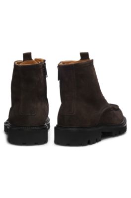 Lace-up boots in suede with side zipper, Dark Brown