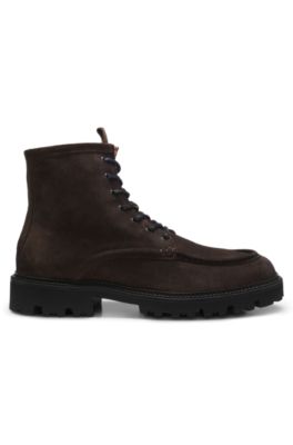 Lace-up boots in suede with side zipper, Dark Brown