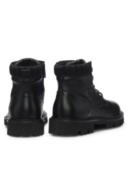 Bottines &agrave; lacets en cuir avec bracelet matelass&eacute;, Noir