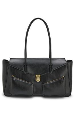 Glossy faux-leather shoulder bag with dual handles, Black