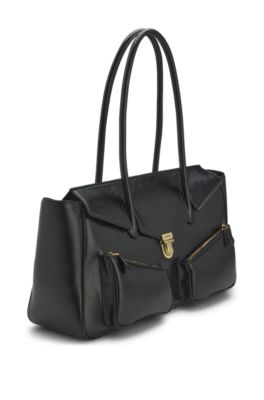 Bolso bandolera de piel sint&eacute;tica brillante con dos asas, Negro