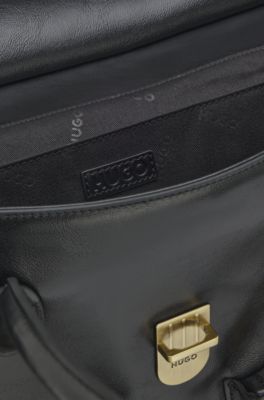 Glossy faux-leather shoulder bag with dual handles, Black