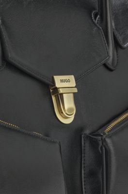 Glossy faux-leather shoulder bag with dual handles, Black