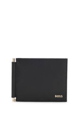 Textured leather wallet with gold-tone money clip, Black