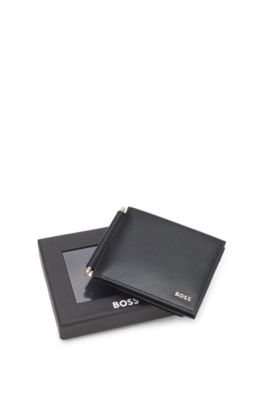 Textured leather wallet with gold-tone money clip, Black