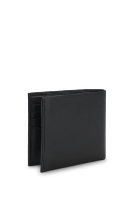 Grained leather wallet with metallic logo lettering, Black