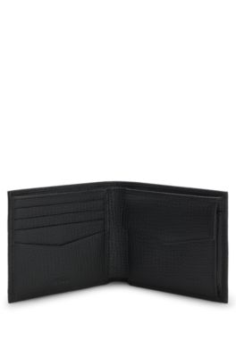 Grained leather wallet with metallic logo lettering, Black