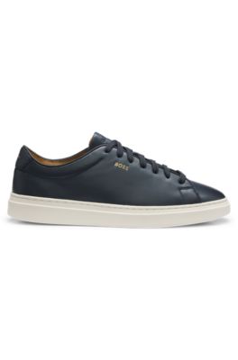 Deportivas tipo cupsole de piel lisa con logo de efecto dorado, Azul oscuro