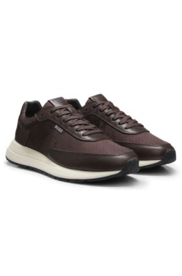 Monogram sneakers with leather trim and EVA rubber sole, Dark Brown
