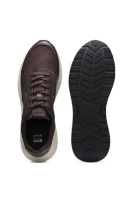 Monogram sneakers with leather trim and EVA rubber sole, Dark Brown