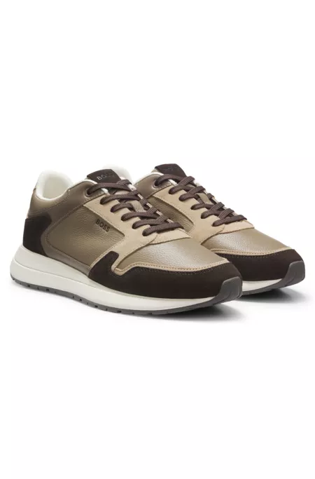 Leather running-style sneakers with suede trim