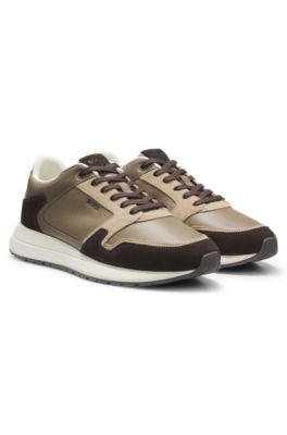 Baskets en cuir de style running avec finitions en cuir su&eacute;d&eacute;, Brun chin&eacute;