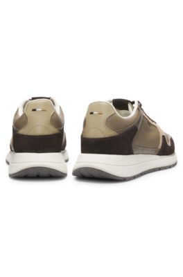 Baskets en cuir de style running avec finitions en cuir su&eacute;d&eacute;, Brun chin&eacute;