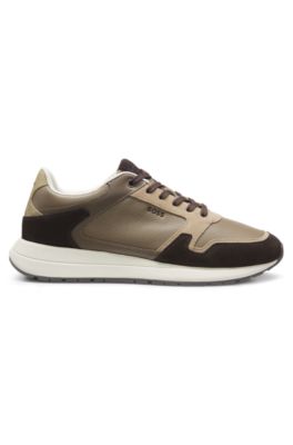 Baskets en cuir de style running avec finitions en cuir su&eacute;d&eacute;, Brun chin&eacute;
