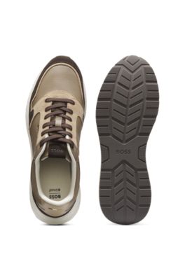 Baskets en cuir de style running avec finitions en cuir su&eacute;d&eacute;, Brun chin&eacute;