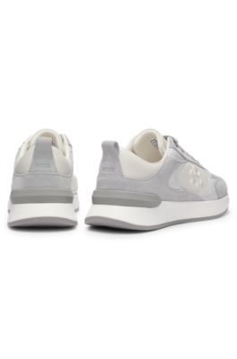 Leather and suede sneakers with Double B monogram, Light Grey