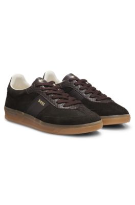 Deportivas de piel y ante con detalles en estampado de pit&oacute;n, Marr&oacute;n oscuro