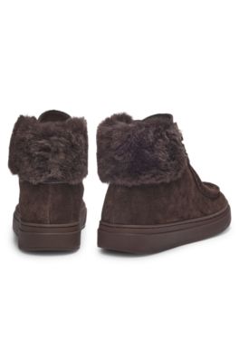 Suede boots with faux-fur collar, Dark Brown